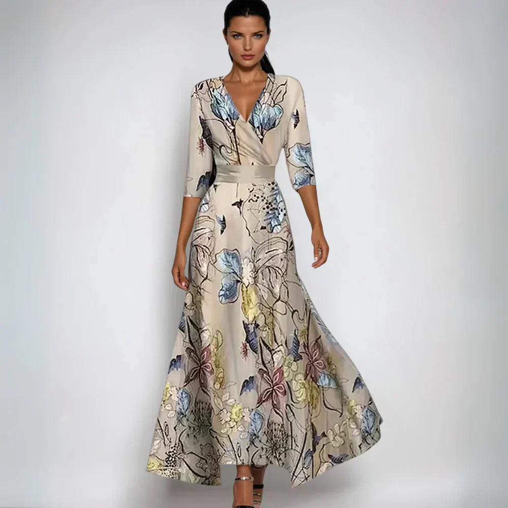 Ellis™ | Elegante maxi vestido cruzado com estampa artística