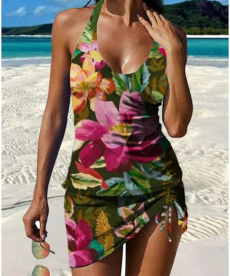 Fiesta – Tankini gráfico floral com calções, efeito barriga lisa