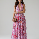 Matilde - Vestido Maxi Floral com Decote Halter e Corpo Fruncido