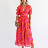 Willow | Vestido Midi de Manga Puff com Decote em V Floral