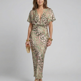 Coralie | Vestido Midi de Impressão Abstrata com Decote em V e Cintura Torcida