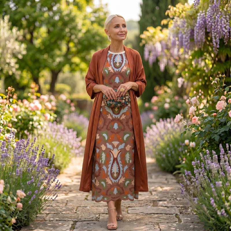 Daniela - Vestido longo com padrão floral e colete ajustado