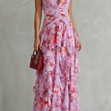 Belladina | Romântica Cascata de Rosas Vestido Longo com Decote à Americana
