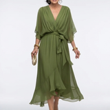 Elysia | Vestido Midi com Decote em V e Cintura Drapada