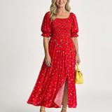 Delphine | Vestido Midi de Manga Bufante com Decote Quadrado e Estampa Floral