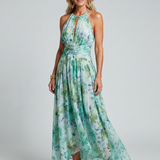 Inês - Vestido Midi com Alças Plissado com Padrão Floral Suave