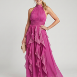 Flor - Vestido Maxi com Decote Alto e Volantes Froncados