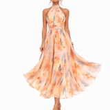Amélia - Vestido Midi Floral Pêssego com Gola Alta Fluida