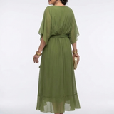 Elysia | Vestido Midi com Decote em V e Cinto na Cintura