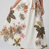 Celeste - Vestido Maxi com Painel Botânico e Decote Halter Drapado