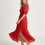 Delphine | Vestido Midi de Manga Bufante com Decote Quadrado e Estampa Floral