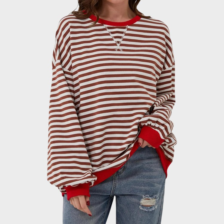 Alma | Sweatshirt Casual de Manga Longa com Decote Redondo e Padrão de Risca