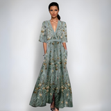 Ellis™ | Elegante maxi vestido cruzado com estampa artística