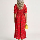 Delphine | Vestido Midi de Manga Bufante com Decote Quadrado e Estampado Floral