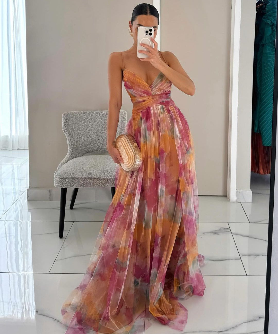 Elodie™ | Vestido longo de noite com padrão de aquarela