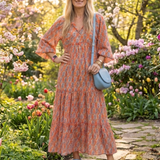 Amara | Vestido Midi em Camadas com Estampado Geométrico e Decote em V