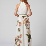 Celeste - Vestido Maxi com Painel Botânico e Decote Halter Drapado