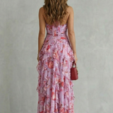 Belladina | Romântica Cascata de Rosas Vestido Longo com Decote à Americana