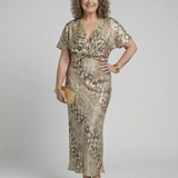 Coralie | Vestido Midi de Impressão Abstrata com Decote em V e Cintura Torcida