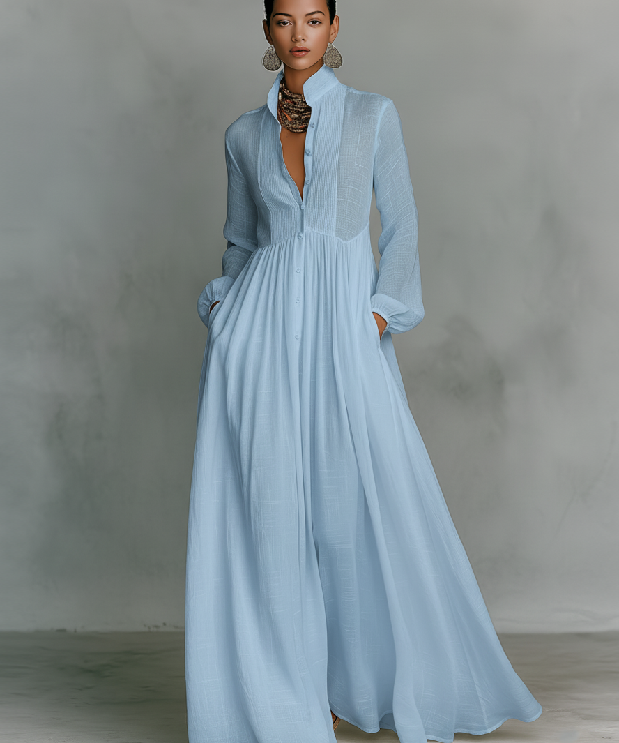 Vestido Maxi de Linho com Patchwork e Gola Alta