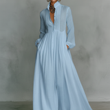 Vestido Maxi de Linho com Patchwork e Gola Alta