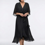 Elysia | Vestido Midi com Decote em V e Cinto na Cintura