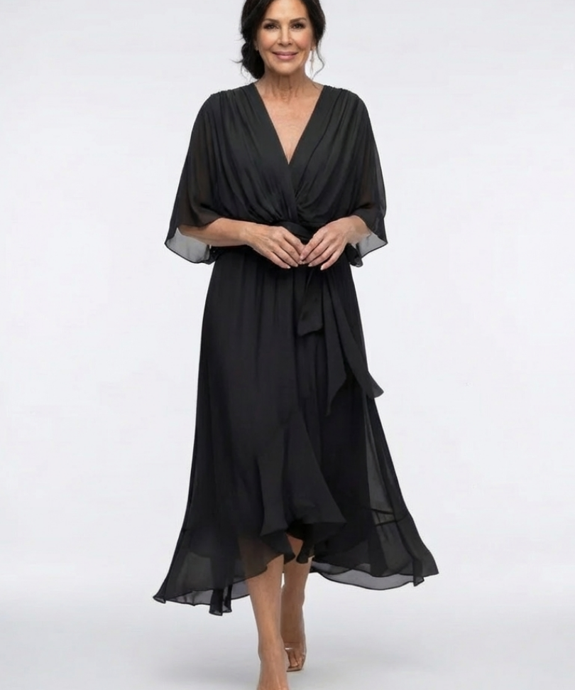 Elysia | Vestido Midi com Decote em V e Cintura Drapada