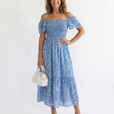 Odette | Vestido Midi Floral com Ombros à Descoberto
