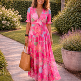 Ione | Vestido Midi Floral de Manga Curta com Decote em V