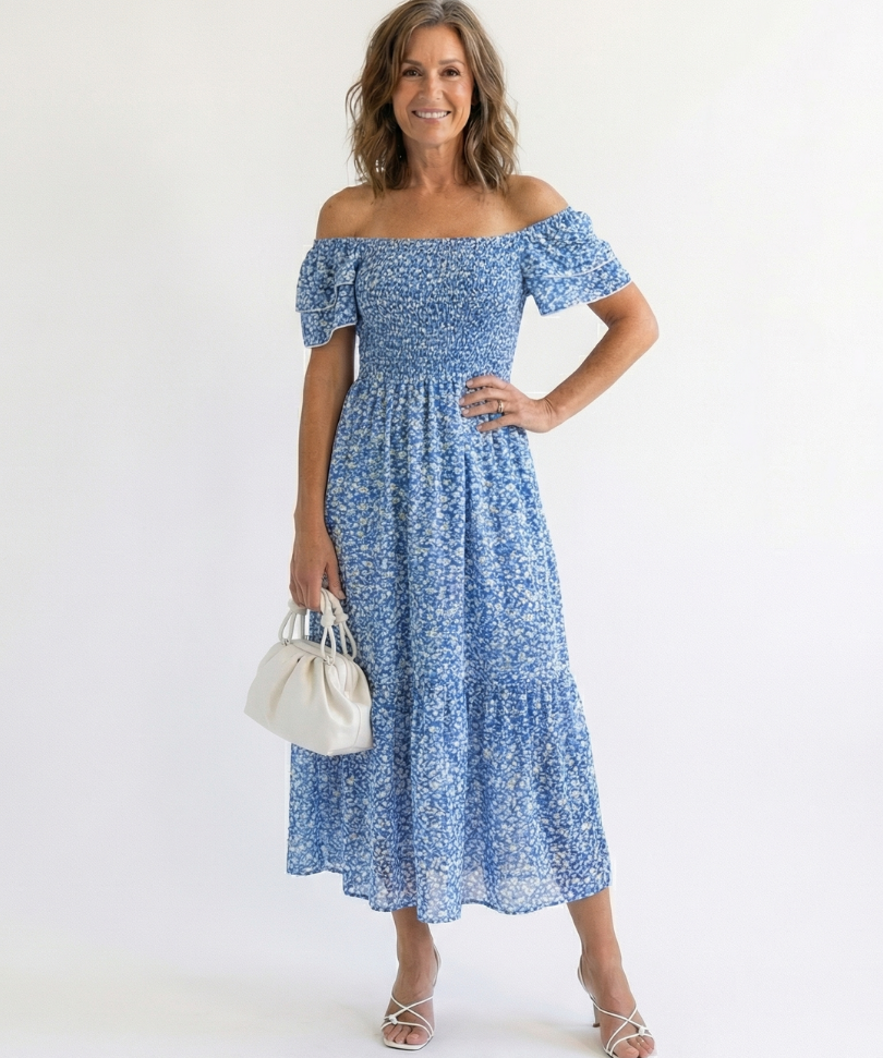 Odette | Vestido Midi Floral com Ombros Descidos