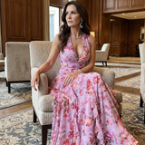 Matilde - Vestido Maxi Floral com Decote Halter e Corpo Fruncido