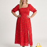 Delphine | Vestido Midi de Manga Bufante com Decote Quadrado e Estampa Floral