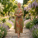 Daniela - Vestido longo com padrão floral e colete ajustado