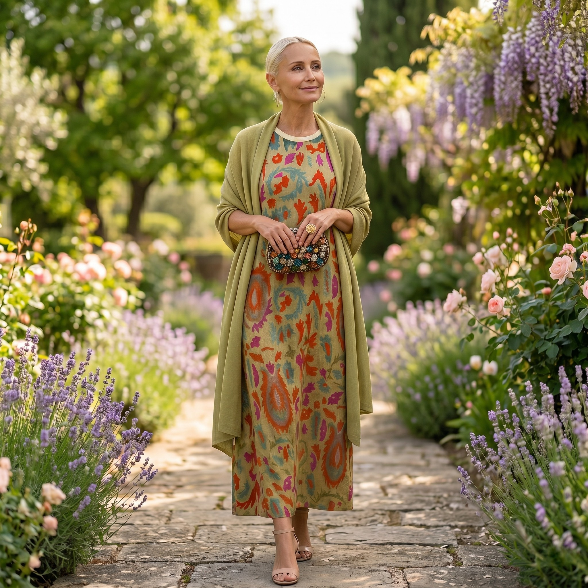 Daniela - Vestido longo com padrão floral e colete ajustado