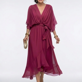Elysia | Vestido Midi com Decote em V e Cinto na Cintura