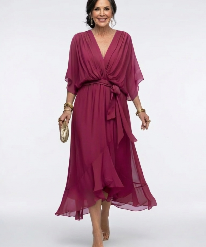 Elysia | Vestido Midi com Decote em V e Cinto na Cintura