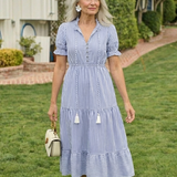 Dakota | Vestido Midi de Manga Curta Listrado em Camadas