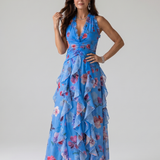 Matilde - Vestido Maxi Floral com Decote Halter e Corpo Fruncido