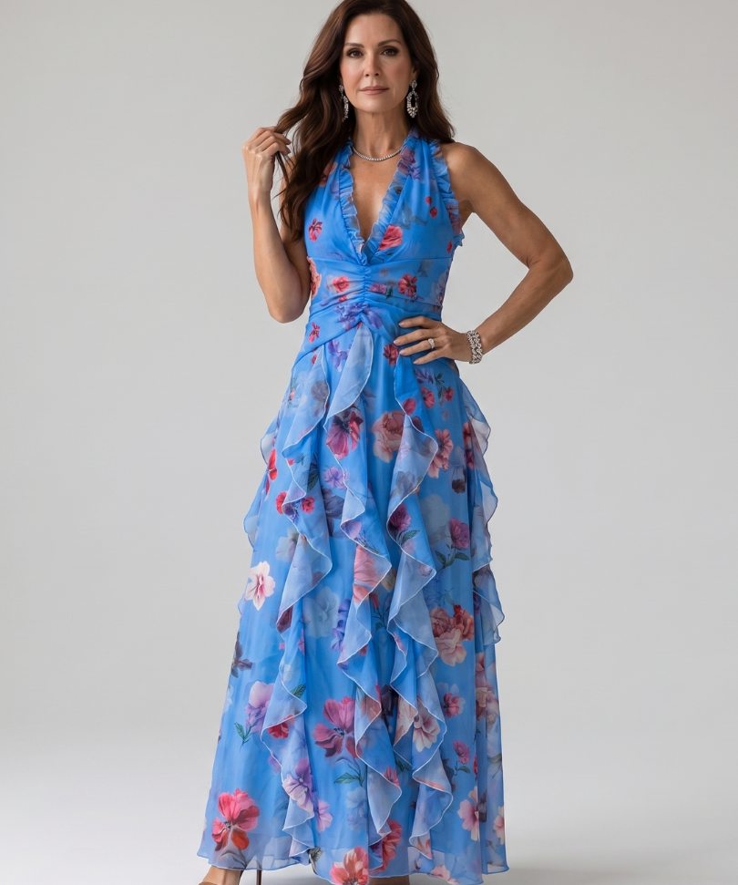 Matilde - Vestido Maxi Floral com Decote Halter e Corpo Fruncido