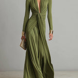 Vestido Maxi de Seda Verde Oliva com Decote em V