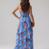 Matilde - Vestido Maxi Floral com Decote Halter e Corpo Fruncido