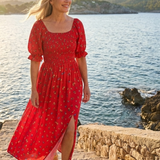 Delphine | Vestido Midi de Manga Bufante com Decote Quadrado e Estampa Floral