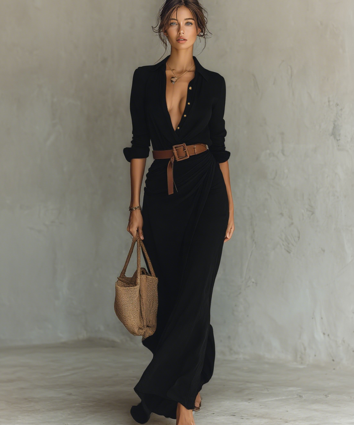 Maxi vestido com colarinho reversível de mangas longas