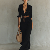 Maxi vestido com colarinho reversível de mangas longas