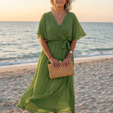 Elysia | Vestido Midi com Decote em V e Cinto na Cintura