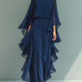 Constança - Conjunto de Chiffon Azul Marinho com Rendas