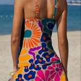 Fiesta – Tankini gráfico floral com calções, efeito barriga lisa