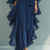 Constança - Conjunto de Chiffon Azul Marinho com Rendas