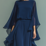 Constança - Conjunto de Chiffon Azul Marinho com Rendas