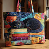 Bolso Artesanal - Gato Negro com Livros e Canecas